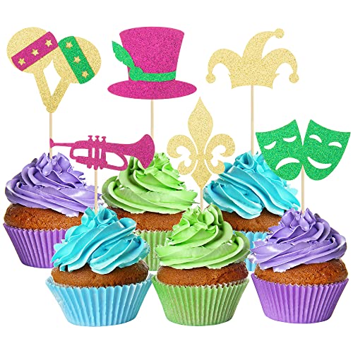 Gyufise Glitzernde Cupcake-Topper, Maskerade, Maske, Hut, Ballon, Kuchendekoration, Dekoration für Maskerade, Karneval, Party, Geburtstag, Party, Dekoration, 24 Stück Gyufise Glitzernde Cupcake-Topper, Maskerade, Maske, Hut, Ballon, Kuchendekoration, Dekoration für Maskerade, Karneval, Party, Geburtstag, Party, Dekoration, 24 Stück von Gyufise