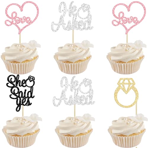 Gyufise 24 Stück mehrfarbige Glitzer He Asked She Said Yes, Cupcake-Topper mit Diamant-Ring, Herz-Kuchenplektren für Hochzeit, Verlobung, Party, Tischdekoration Gyufise 24 Stück mehrfarbige Glitzer He Asked She Said Yes, Cupcake-Topper mit Diamant-Ring, Herz-Kuchenplektren für Hochzeit, Verlobung, Party, Tischdekoration von Gyufise