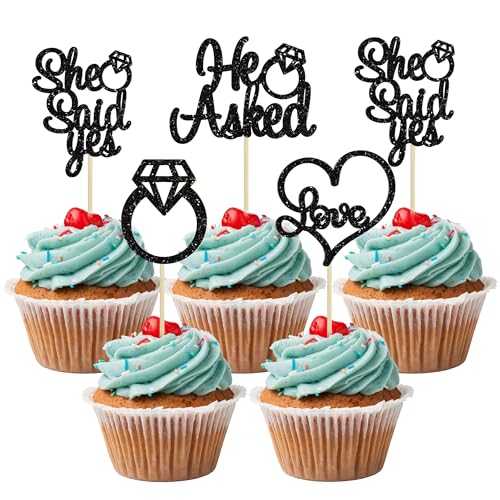 Gyufise 24 Stück schwarze Glitzer-Cupcake-Topper, Glitzer-Herz-Ring, Cupcake-Picks, Dekorationen für Hochzeit, Verlobung, Brautparty, Partyzubehör von Gyufise