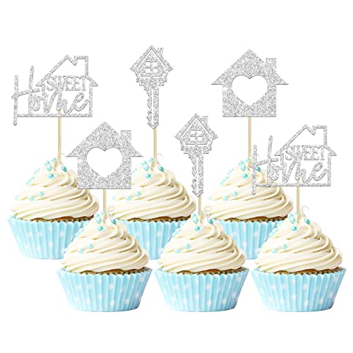 Gyufise 24 Stück silberne Cupcake-Dekorationen für Zuhause, Glitzer, Schlüssel, Einweihungsfeier, Cupcake-Picks, Dekorationen für neues Zuhause, Mottoparty, Kuchendekorationen, Zubehör von Gyufise