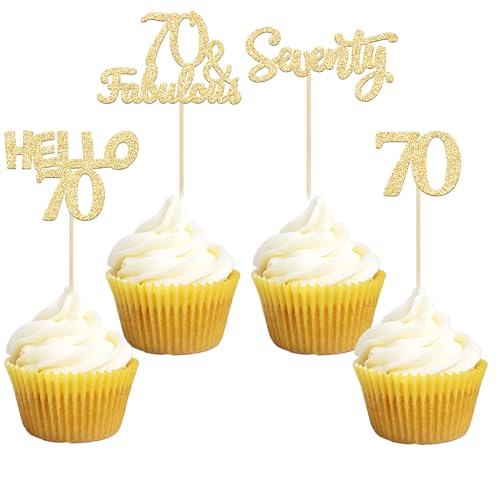 Gyufise 24 x goldene glitzernde Cupcake-Topper zum 70. Geburtstag, Motiv: Hello 70, siebzig Kuchendekoration, 70 und fabelhafte Cupcake-Picks für den 70. Geburtstag von Gyufise