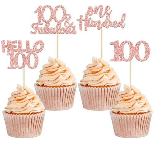 Gyufise 24 x rotgoldene glitzernde Cupcake-Topper zum 100. Geburtstag, Hello 100 x Hundert-Kuchenaufsätze, 100 x tolle Cupcake-Picks für den 100. Geburtstag von Gyufise