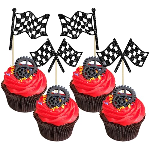 Gyufise 24-stück Glitzernde Rennflaggen Cupcake Topper Dekorationen Party Supplies - 24 Stück, Schwarz und Weiß, Rennwagen-Themenparty, Sport-Themenparty, Geburtstag, Babyparty von Gyufise