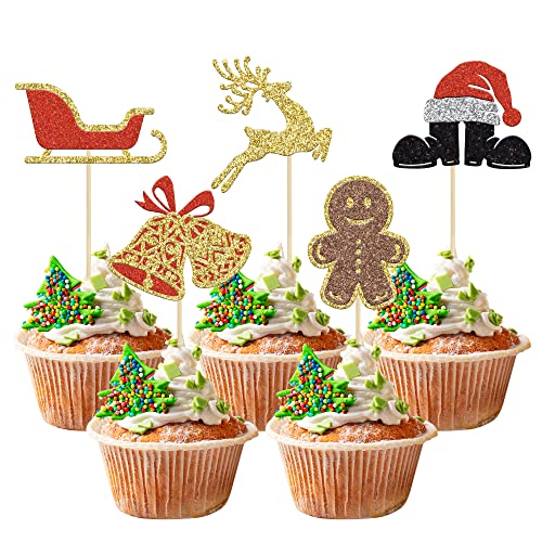 Gyufise 25 Stück rote Cupcake-Topper Weihnachts-Elfenfüße Glocken Schlitten Cupcake Picks für Merry Christmas Happy New Year Birthday Party Cake Decorations Supplies von Gyufise