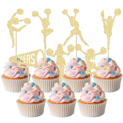 Gyufise 28 Stück Cheerleader-Cupcake-Topper Gold Glitter Cheerleading Gymnastik Cupcake Picks Cheer Team Kuchen Dekorationen Gymnast Girl Zahnstocher Kuchen Dekor für Mädchen Geburtstag von Gyufise