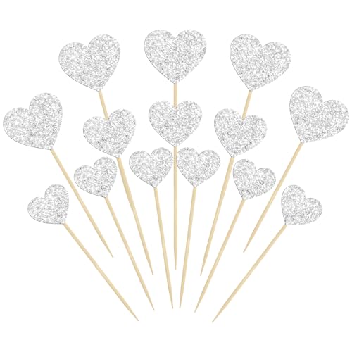 Gyufise 30 Stück Herz Cupcake Topper Glitzer Sweet Love Thema Cupcake Picks Valentinstag Kuchen Dekorationen für Hochzeit Verlobung Brautdusche Geburtstag Party Kuchen Dekorationen Zubehör Silber von Gyufise