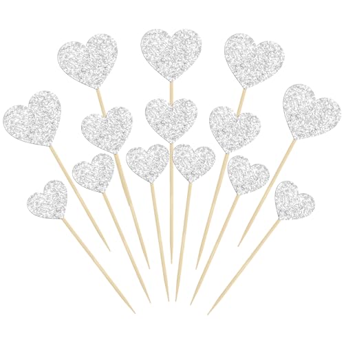 Gyufise 30 Stück Herz Cupcake Topper Glitzer Sweet Love Thema Cupcake Picks Valentinstag Kuchen Dekorationen für Hochzeit Verlobung Brautdusche Geburtstag Party Kuchen Dekorationen Zubehör Silber von Gyufise