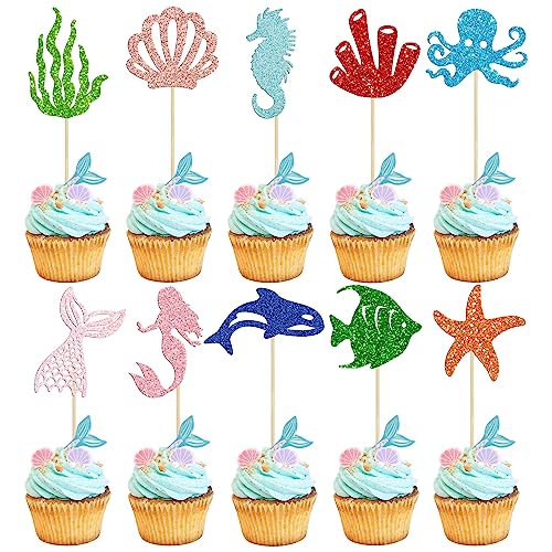 Gyufise 30 Stück Meerjungfrau Cupcake Toppers Glitzer Seestern Koralle Meerjungfrau Schwanz Cupcake Picks Octopus Seepferdchen Quallen Kuchen Dekorationen für unter dem Meer Meerjungfrau Thema Baby von Gyufise