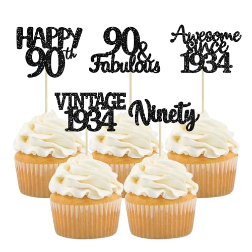 Gyufise 30 Stück Vintage 1932 Cupcake Toppers Glitter Cheers to 90 Fabulous Eighty Cupcake Picks 90th Birthday Wedding Anniversary Party Cake Decorations Supplies Black von Gyufise