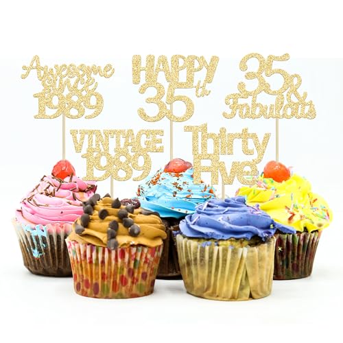 Gyufise Cupcake-Topper im Vintage-Stil von 1989, goldfarben, glitzernd, 30 Stück, 35 Stück, Kuchendekorationen, Cheers to 35 Years Birthday, Cupcake-Picks, 35. Geburtstag, Jahrestag, von Gyufise