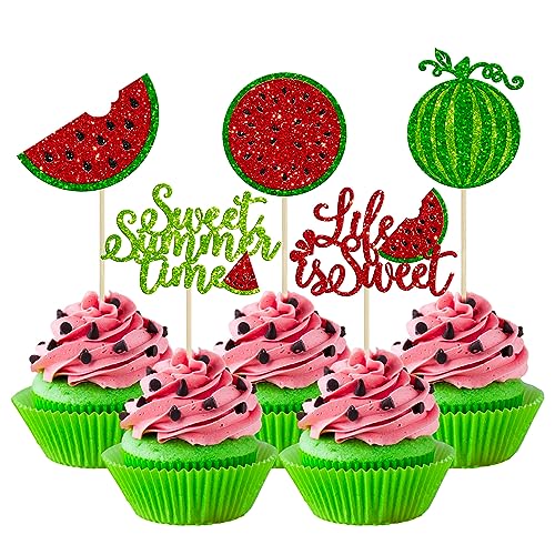 Gyufise 30 Stück Wassermelonen-Cupcake-Topper, Glitzer, süßer Sommer, tropische Früchte, Cupcake-Picks für Wassermelonen-Thema, Babyparty, Kindergeburtstag, Party, Kuchendekorationen von Gyufise