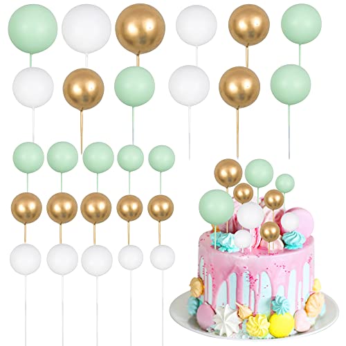 Gyufise 30Pcs Balls Cake Topper Mini Balloons Cupcake Topper DIY Cake Insert Topper Foam Cake Balls Baking Decoration for Wedding Anniversary Valentines Day Birthday Party Green Gold White von Gyufise