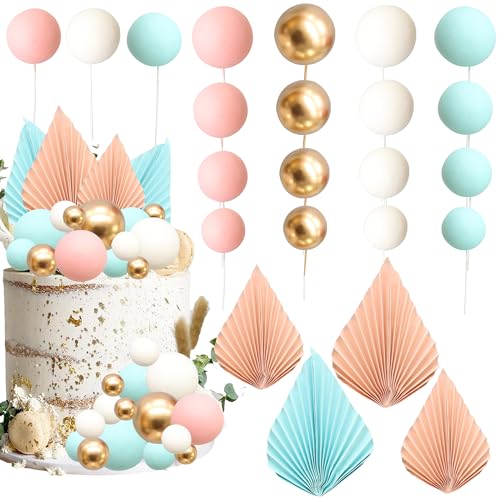 Gyufise 32 Stück Papierpalmenfächer Kuchen Topper Kugeln Kuchen Topper Mini-Ballon DIY Kucheneinsatz Kuchendekorationen für Babyparty Hochzeit Brautdusche Geburtstag Party Dekorationen Blau Rosa von Gyufise