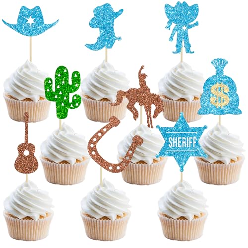Gyufise 36 Stück Cowboy-Cupcake-Topper Glitzer Pferdeschuh Cowboyhüte Stiefel Western-Cupcake-Plektren für Western-Thema Babyparty Geburtstag Party Kuchen Dekorationen Zubehör von Gyufise