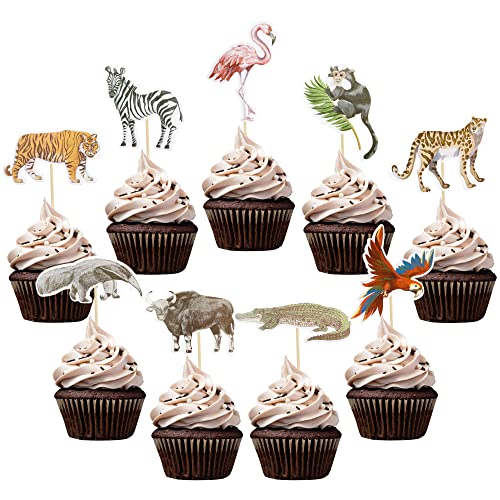 Gyufise 36 Stück Dschungel-Safari-Tier-Cupcake-Topper Tiger Zebra Kuh Löwe Cupcake Pick Dekorationen für Dschungel-Thema Babyparty Kinder Geburtstag Party Kuchen Dekorationen Zubehör von Gyufise