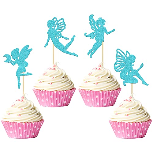Gyufise 36 Stück Feen-Cupcake-Aufsätze, blaue Glitzer-Blume, Engelsfee, Cupcake-Topper für Hochzeit, Brautparty, Babyparty, Geburtstagsparty, Kuchendekorationen von Gyufise