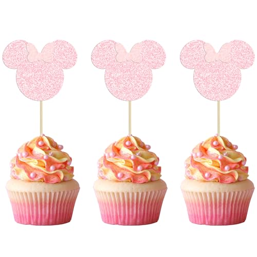 Gyufise 36 Stück Maus inspirierte Cupcake-Topper mit rosa Schleife, rotgoldener Glitzer, Mini-Cupcake-Picks, Dekorationen für Babyparty, Hochzeit, Kindergeburtstag, Partyzubehör von Gyufise