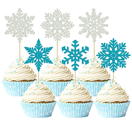 Gyufise 36 Stück Schneeflocken Cupcake Topper Blau Silber Glitzer Winter Frozen Thema Cupcake Picks Baby Shower Kinder Geburtstag Party Weihnachten Kuchen Dekorationen Zubehör von Gyufise