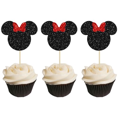 Gyufise 36 Stück schwarze und rote Glitzer-Maus-inspirierte Cupcake-Topper mit Schleife, Maus-Kuchendekorationen für Babyparty, Hochzeit, Kinder, Baby-Geburtstag, Partyzubehör von Gyufise