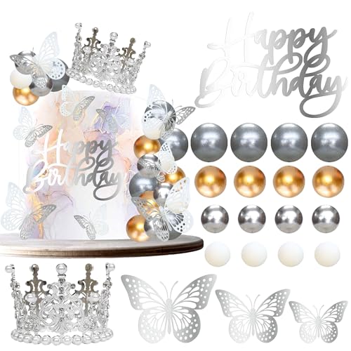 Gyufise 40 Stück Kronen-Kuchenaufsätze, Geburtstagskerzen, Schmetterlinge, Corona Para, Pastell-Kuchendekorationen für Hochzeit, Babyparty, Party-Dekorationen, Silber/Gold von Gyufise