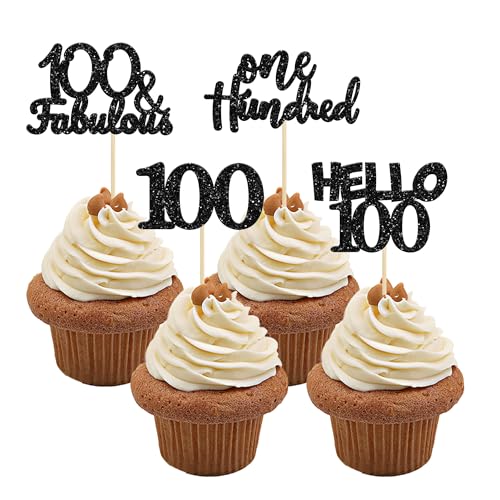Gyufise Cupcake-Dekoration zum 100. Geburtstag, Hello 100, 100 und fabelhafte Cupcake-Picker für 100. Geburtstag, 24 Stück, Schwarz von Gyufise