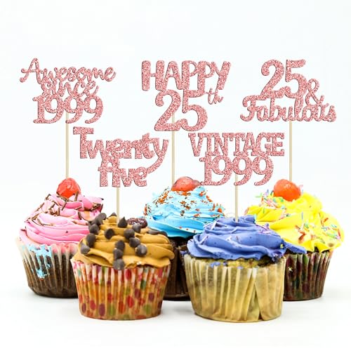 Gyufise Cupcake-Topper im Vintage-Stil von 1999, glitzernd, "Happy 25th Cheers to 25 Fabulous 25th Birthday", 30 Stück von Gyufise