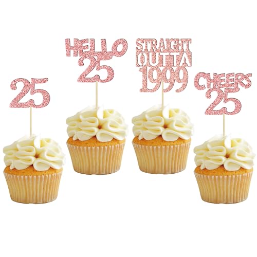 Gyufise Cupcake-Dekorationen, Motiv: Cheers to 25 Years, glitzernd, 25 Straight Outta 1998, Cupcake-Dekorationen zum 25. Geburtstag, Partyzubehör, Roségold, 24 Stück von Gyufise