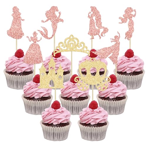 Gyufise Cupcake-Topper, Prinzessinnen-Motiv, Glitzer, Meerjungfrauen-Mädchen, Schloss, High Heels, Krone, Cupcake-Picks, Prinzessinnen-Thema, Babyparty, Mädchen, Geburtstag, Party, Kuchendekoration, von Gyufise