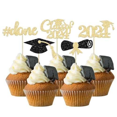 Gyufise Cupcake-Topper 2024, goldfarben und schwarz, Glitzer, Klasse 2024, Kuchenaufsätze, Abschlussfeier, Diplom, Kuchendekorationen für Abschlussfeier 2024, 30 Stück von Gyufise