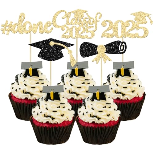 Gyufise Cupcake-Topper 2024, goldfarben und schwarz, Glitzer, Klasse 2024, Kuchenaufsätze, Abschlussfeier, Diplom, Kuchendekorationen für Abschlussfeier 2024, 30 Stück von Gyufise