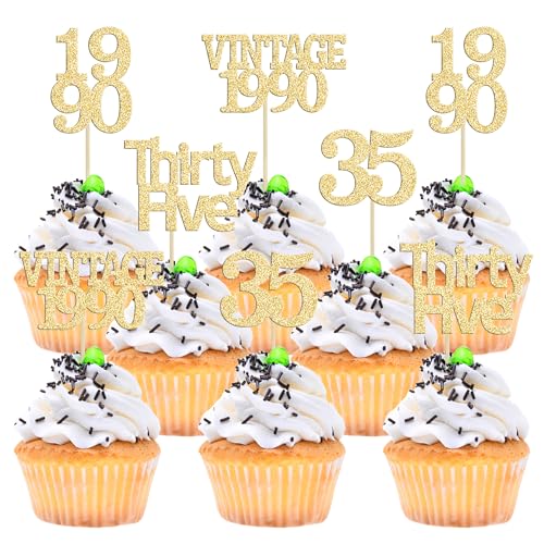 Gyufise Cupcake-Topper "Happy 35th Birthday", glitzernd, 35 fabelhafte Vintage-Cupcake-Picks von 1989, für 30. Geburtstag, Hochzeit, Jahrestag, Party, Kuchendekoration, Zubehör, Gold, 24 Stück von Gyufise
