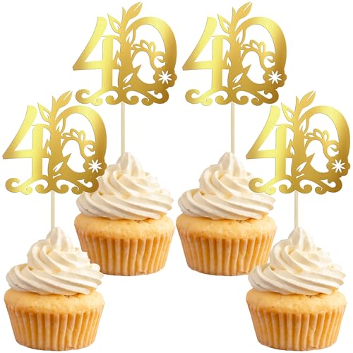 Gyufise Cupcake-Topper "Happy 40th Birthday", 24 Stück, 40 fabelhafte Kuchenaufsätze, Kuchendekoration für 40. Geburtstag, Jahrestag, Party-Dekoration, Zubehör, Gold von Gyufise