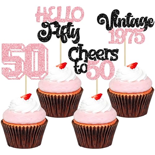 Gyufise Cupcake-Topper "Happy 50th Birthday", Sterne, 50, Hello Fifty, Vintage 1975, Cupcake-Picks, Cheers to 50 Birthday Decorations for 50th Birthday Anniversary Party Decorations Supplies Pink, 24 Gyufise Cupcake-Topper "Happy 50th Birthday", Sterne, 50, Hello Fifty, Vintage 1975, Cupcake-Picks, Cheers to 50 Birthday Decorations for 50th Birthday Anniversary Party Decorations Supplies Pink, 24 von Gyufise