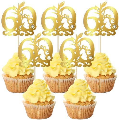Gyufise Cupcake-Topper "Happy 60th Birthday", 24 Stück, 60 fabelhafte Kuchendekoration, Cheers to 60, Kuchendekoration für 60. Geburtstag, Jahrestag, Party-Dekoration, Zubehör, Gold von Gyufise