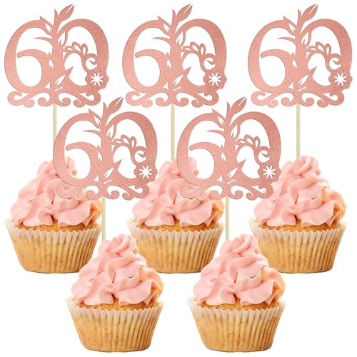 Gyufise Cupcake-Topper "Happy 60th Birthday", 60 fabelhafte Kuchenaufsätze, Kuchendekoration für 60. Geburtstag, Jahrestag, Party-Dekoration, Roségold, 24 Stück von Gyufise