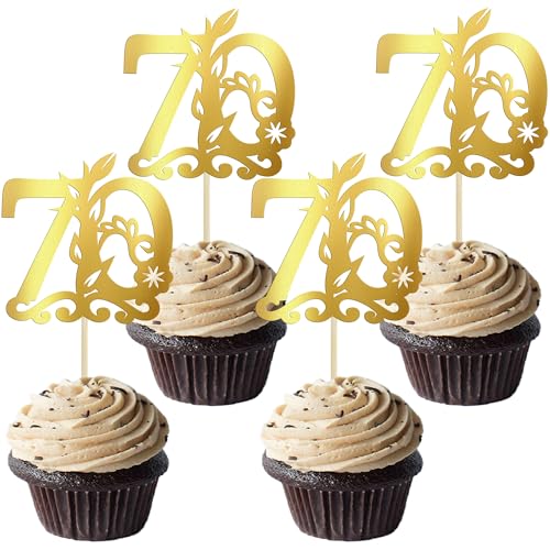 Gyufise Cupcake-Topper "Happy 70th Birthday", 70 fabelhafte Kuchenaufsätze, Kuchendekoration für 70. Geburtstag, Jahrestag, Party-Dekoration, Zubehör, Gold, 24 Stück von Gyufise