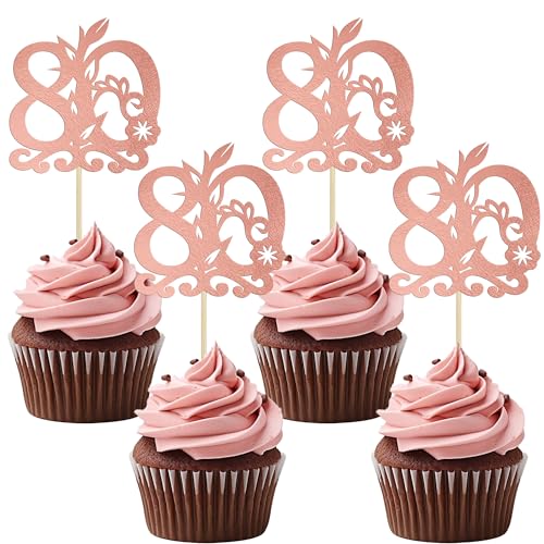 Gyufise Cupcake-Topper "Happy 80th Birthday", 24 Stück, 80 fabelhafte Kuchendekoration, Cheers to 80, Kuchendekoration für 80. Geburtstag, Jahrestag, Party-Dekoration, Zubehör, Roségold von Gyufise