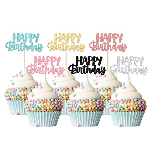 Gyufise Cupcake-Topper "Happy Birthday", glitzernd, für Geburtstag, Cupcake, Lebensmittel-Picker für Geburtstagsparty, Kuchendekoration, Zubehör, 6 Farben, 24 Stück Gyufise Cupcake-Topper "Happy Birthday", glitzernd, für Geburtstag, Cupcake, Lebensmittel-Picker für Geburtstagsparty, Kuchendekoration, Zubehör, 6 Farben, 24 Stück von Gyufise