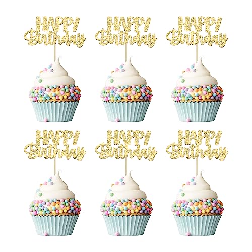 Gyufise Cupcake-Topper "Happy Birthday", goldfarben, glitzernd, für Geburtstag, Babyparty, Kindergeburtstag, Party-Dekoration, 24 Stück von Gyufise