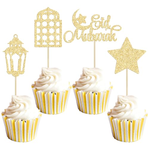 Gyufise Cupcake-Topper Happy Eid Mubarak, Glitzerstern, Ramadan, Kareem, Cupcake-Pick, Mond, Stern, Eid, islamisch, muslimisch, Motto-Party, Kuchendekoration, Zubehör, Gold, 24 Stück von Gyufise