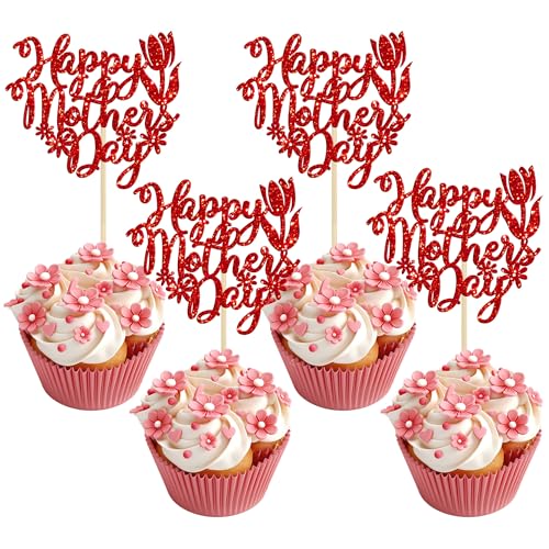 Gyufise Cupcake-Topper "Happy Mother's Day", Glitzer-Rose, Blume, "Love You Mom", Cupcake-Picks, beste Mama-Kuchendekorationen für Frauen, Partyzubehör, Rot, 24 Stück Gyufise Cupcake-Topper "Happy Mother's Day", Glitzer-Rose, Blume, "Love You Mom", Cupcake-Picks, beste Mama-Kuchendekorationen für Frauen, Partyzubehör, Rot, 24 Stück von Gyufise