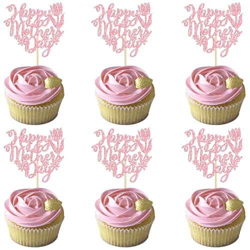 Gyufise Cupcake-Topper "Happy Mothers Day", Glitzer-Rose, Blume, Mutter, Cupcake-Picks, Liebesmutter, Kuchendekoration, Partyzubehör für Party-Dekorationen, Rosa, 24 Stück von Gyufise