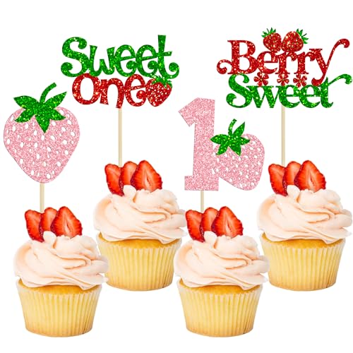 Gyufise Cupcake-Topper "Sweet One", Erdbeere, glitzernd, 1. Geburtstag, Cupcake-Dekoration für Babyparty, Kindergeburtstag, Party-Dekoration, Rosa, 24 Stück Gyufise Cupcake-Topper "Sweet One", Erdbeere, glitzernd, 1. Geburtstag, Cupcake-Dekoration für Babyparty, Kindergeburtstag, Party-Dekoration, Rosa, 24 Stück von Gyufise