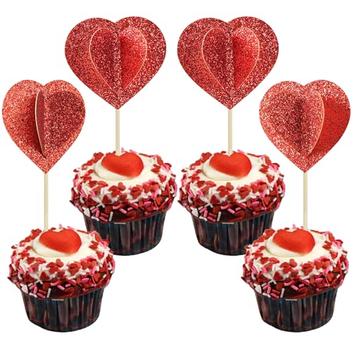Gyufise Cupcake-Topper in Herzform, Rot, Glitzer, 3D-Herz, Hochzeit, Verlobung, Cupcake-Picks, Dekorationen für Valentinstag, Brautparty, Geburtstag, Party, 24 Stück Gyufise Cupcake-Topper in Herzform, Rot, Glitzer, 3D-Herz, Hochzeit, Verlobung, Cupcake-Picks, Dekorationen für Valentinstag, Brautparty, Geburtstag, Party, 24 Stück von Gyufise