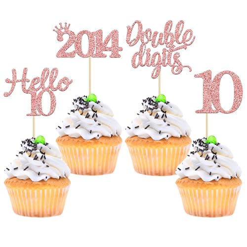 Gyufise Cupcake-Topper mit Aufschrift "Happy 10th Birthday", 24 Stück, Roségold, glitzernd, 10 Hello 10 Double Dights Since 2011 von Gyufise