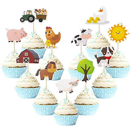 Gyufise 55 Stück Bauernhoftiere Cupcake-Topper Huhn Schaf Schwein Pferd Kuh Hund Cupcake Picks Scheune Tiere Babyparty Kinder Geburtstag Party Kuchen Dekorationen Zubehör von Gyufise