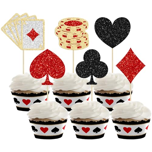 Gyufise Cupcake-Topper mit Casino-Motiv, Las Vegas, Kuchendekorationen, Glitzer, Spielkarte, Zahnstocher, Obst, Essen, Geburtstagsparty, 24 Stück von Gyufise
