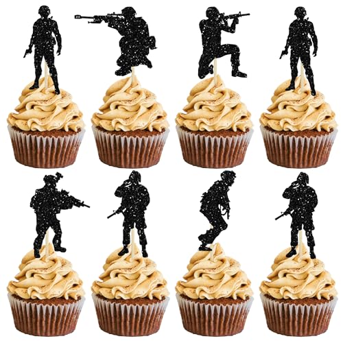 Gyufise Cupcake-Topper mit Militär-Soldaten, Glitzer, Militär-Thema, Marineblau, Armee, Spezialeinheiten, Cupcake-Picks für Armee, Veteranentag, Männer, Jungen, Geburtstagsparty, Kuchendekorationen, von Gyufise