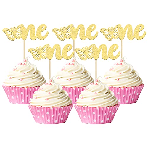 Gyufise Cupcake-Topper mit Schmetterlingsmotiv, goldfarben, glitzernd, für den ersten Geburtstag, für Babyparty, Mädchen, Geburtstagsparty, Kuchendekoration, 24 Stück von Gyufise