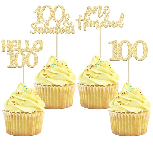 Gyufise Cupcake-Topper zum 100. Geburtstag, goldfarben, glitzernd, Hello 100, 100 und fabelhafte Cupcake-Picks für den 100. Geburtstag, 24 Stück Gyufise Cupcake-Topper zum 100. Geburtstag, goldfarben, glitzernd, Hello 100, 100 und fabelhafte Cupcake-Picks für den 100. Geburtstag, 24 Stück von Gyufise